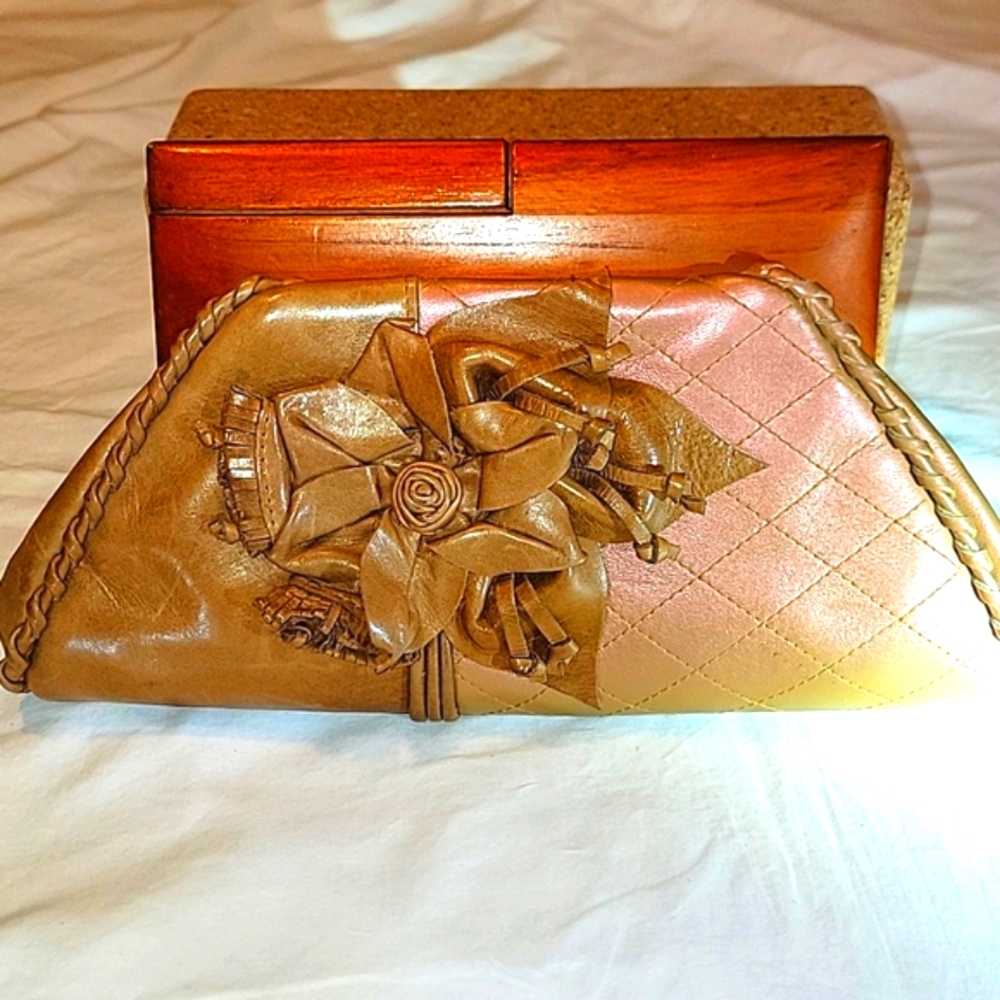 Authentic ANTHONY LUCIANO Elegant Tan Clutch with Floral Detail